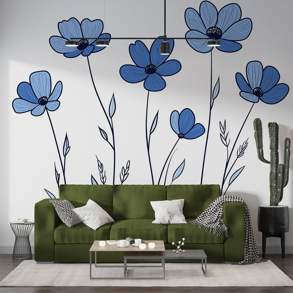 Papier peint floral bleu | Fleurs minimalistes sur fond blanc ...