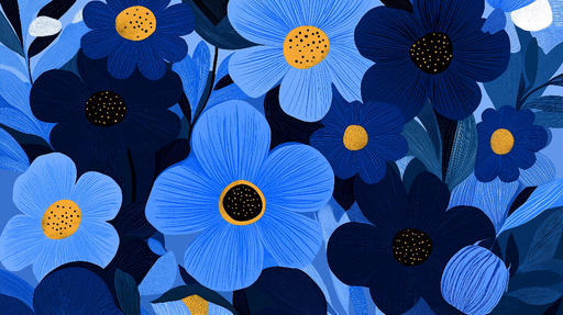 Papier peint floral bleu Grandes fleurs bleues et touches de jaune