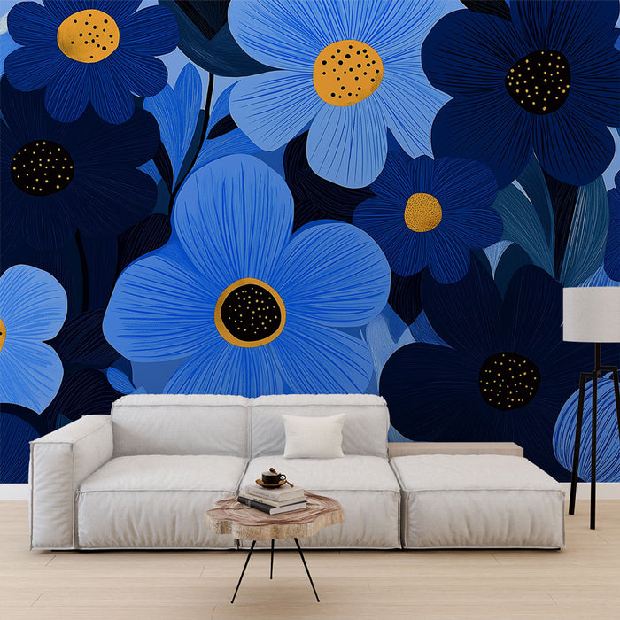 Papier peint floral bleu | Grandes fleurs bleues et touches de jaune