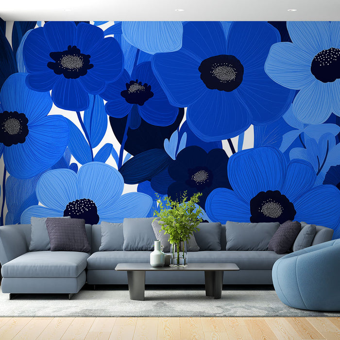 Papier peint floral bleu | Grandes fleurs bleues sur fond blanc