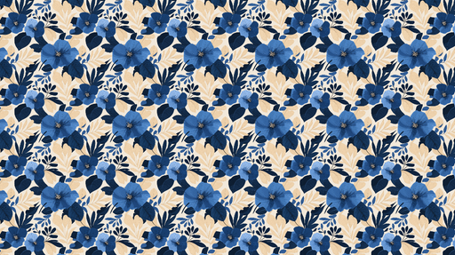Papier peint floral bleu Motif de fleurs en bleu marine et beige avec feuillage