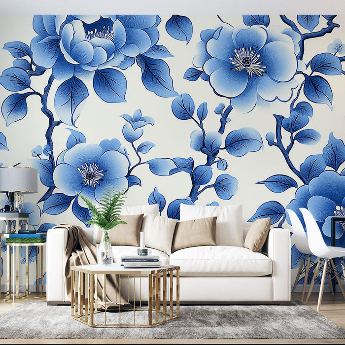 Papier peint floral bleu | Motif magnifique de fleurs stylisées sur fond clair