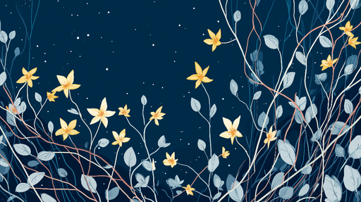 Papier peint floral bleu nuit Fleurs jaunes et feuillage délicat