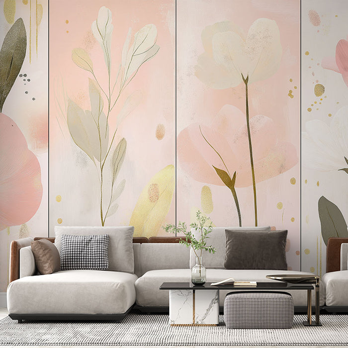 Un salon élégant avec un papier peint floral aux teintes douces de rose et de beige, créant une atmosphère apaisante et romantique.