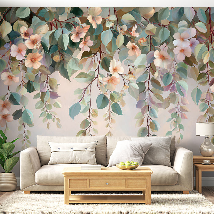 Un salon lumineux avec un papier peint floral pastel représentant des fleurs délicates et des feuilles luxuriantes, créant une atmosphère apaisante et naturelle.