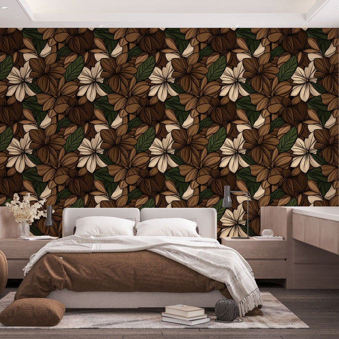 Une chambre moderne avec un papier peint floral aux teintes brunes et crème, évoquant une atmosphère chaleureuse et naturelle.