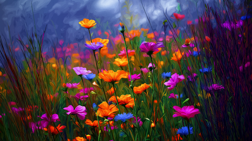 Papier peint floral coloré Champs de fleurs sous un ciel dramatique