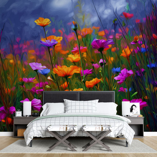 Une chambre moderne avec un papier peint floral vibrant aux couleurs éclatantes, évoquant une ambiance joyeuse et naturelle.