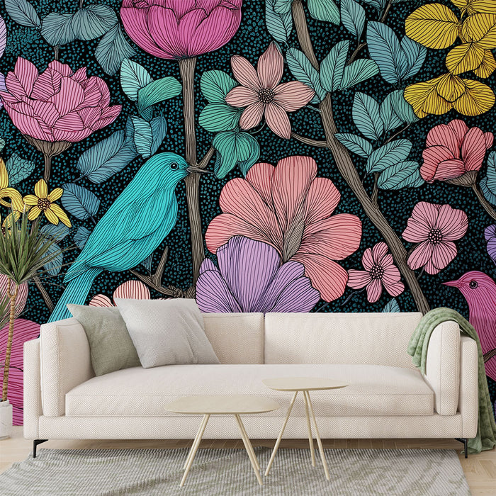 Un salon contemporain avec un papier peint floral coloré représentant des oiseaux et des fleurs aux teintes vives sur fond noir, créant une ambiance joyeuse et artistique.