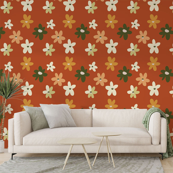Un salon moderne avec un papier peint floral aux teintes chaudes d'orange, crème et vert, créant une ambiance joyeuse et accueillante.