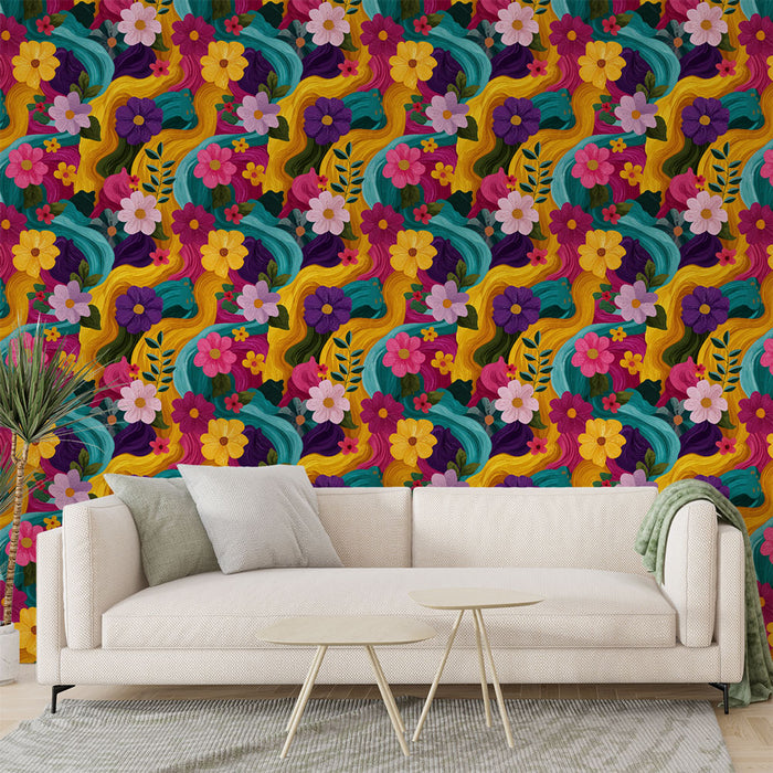 Un salon lumineux avec un papier peint floral aux couleurs vives, mêlant des motifs de fleurs et de vagues sur fond doré, créant une ambiance joyeuse et dynamique.
