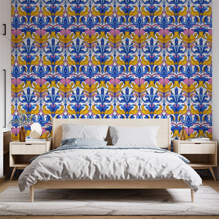 Une chambre moderne avec un papier peint coloré aux motifs floraux vibrants en bleu, jaune et rose, créant une ambiance joyeuse et dynamique.