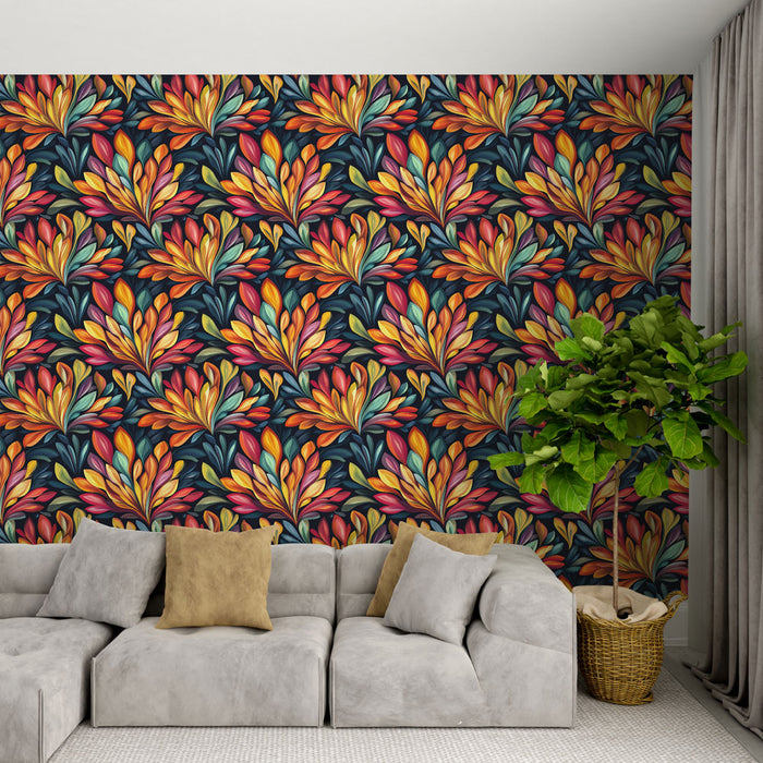Un salon moderne avec un papier peint floral aux motifs vibrants de feuilles orange, rouges et vertes sur fond noir, créant une ambiance chaleureuse et dynamique.