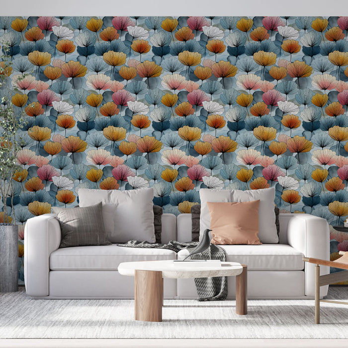 Un salon moderne avec un papier peint floral aux teintes douces de bleu, rose et jaune, créant une atmosphère chaleureuse et accueillante.