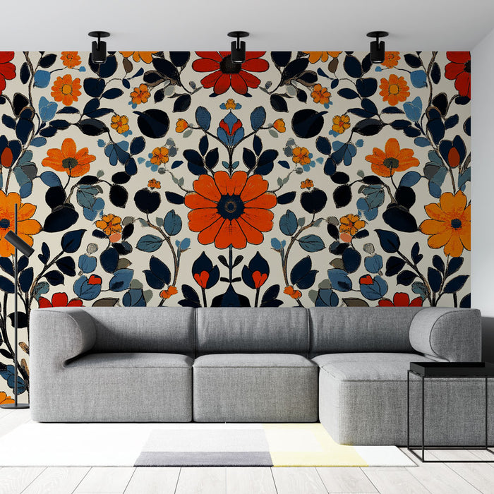 Papier peint floral coloré avec motif de fleurs éclatantes sur fond clair pour salon moderne