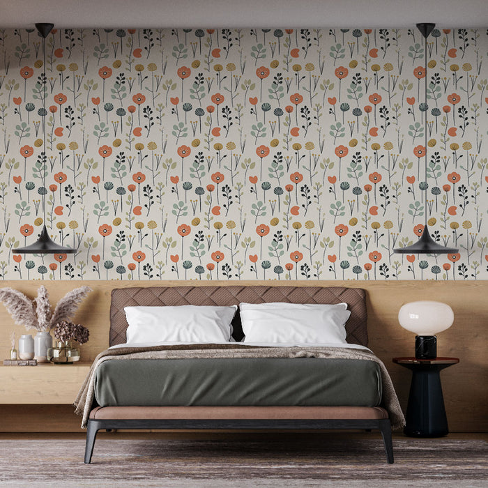 Une chambre moderne avec un papier peint floral aux motifs colorés de fleurs et feuillages sur fond clair, créant une ambiance douce et accueillante.