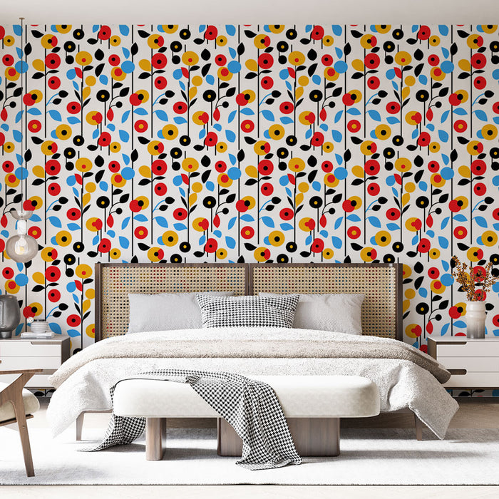 Une chambre moderne avec un papier peint floral aux motifs colorés de fleurs rouges, jaunes, noires et bleues sur fond blanc, créant une ambiance joyeuse et dynamique.