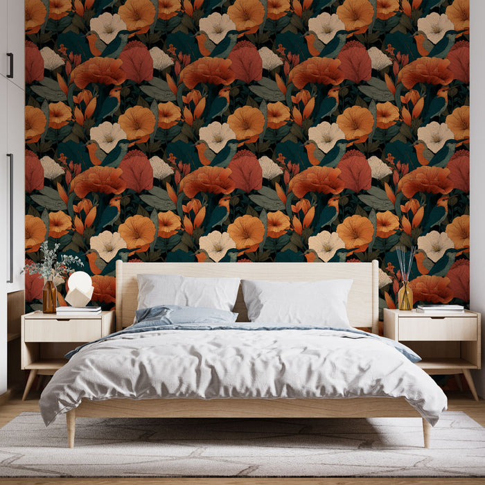 Une chambre moderne avec un papier peint floral aux teintes chaudes d'orange et de crème, créant une ambiance accueillante et vivante.