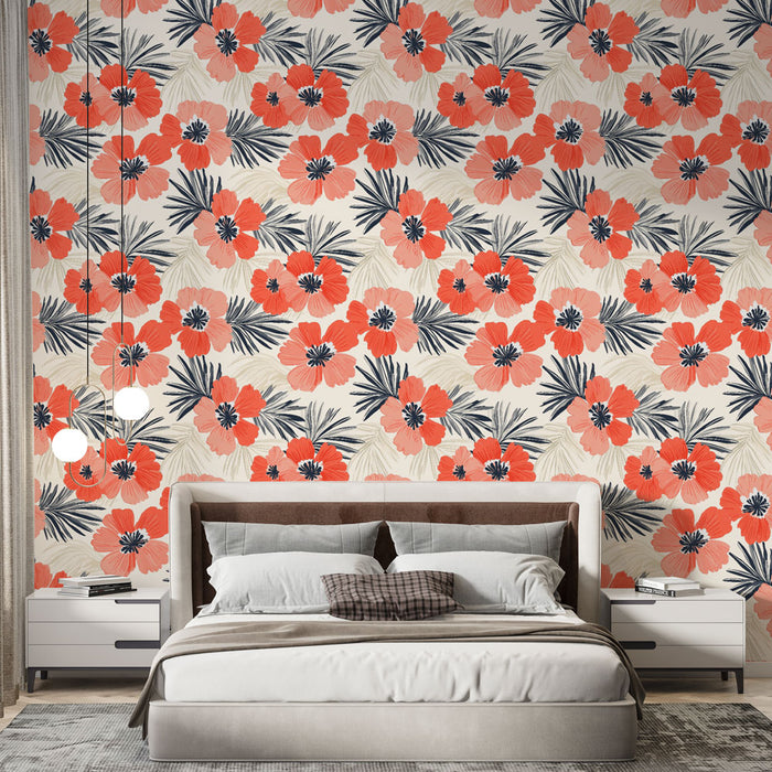 Une chambre lumineuse avec un papier peint floral aux grandes fleurs rouges et corail, rehaussées de feuillages noirs, créant une ambiance tropicale et vivante.