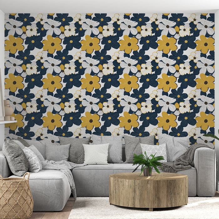 Un salon moderne avec un papier peint floral aux motifs colorés de fleurs jaunes, blanches et bleues sur fond clair, créant une atmosphère joyeuse et accueillante.