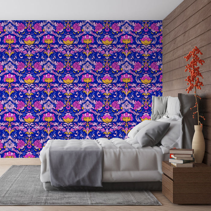 Une chambre moderne avec un papier peint floral aux motifs vibrants de fleurs roses et jaunes sur fond bleu, créant une atmosphère dynamique et chaleureuse.