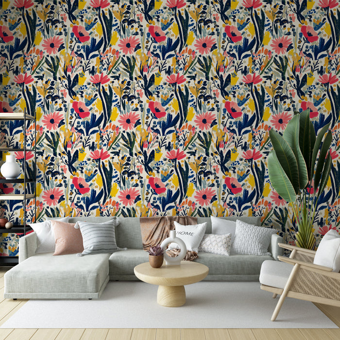 Un salon lumineux avec un papier peint floral aux motifs colorés de fleurs roses, bleues et jaunes, créant une ambiance joyeuse et vivante.