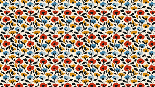 Papier peint floral coloré Motif de fleurs rouges jaunes et bleues sur fond crème