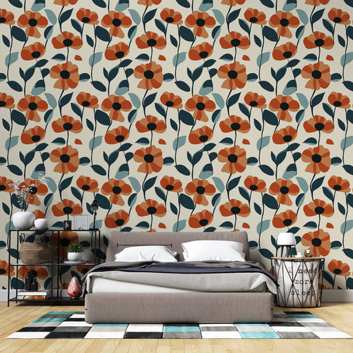 Une chambre moderne avec un papier peint floral aux motifs orange et bleu sur fond crème, créant une atmosphère chaleureuse et accueillante.