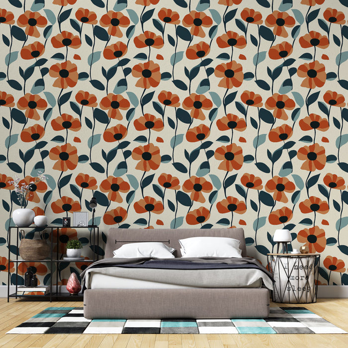 Une chambre moderne avec un papier peint floral aux motifs orange et bleu sur fond crème, créant une atmosphère chaleureuse et accueillante.