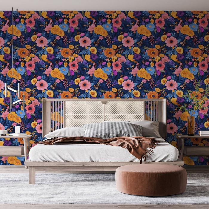 Une chambre moderne avec un papier peint floral coloré sur fond bleu nuit, évoquant une ambiance vibrante et joyeuse grâce à ses motifs éclatants.