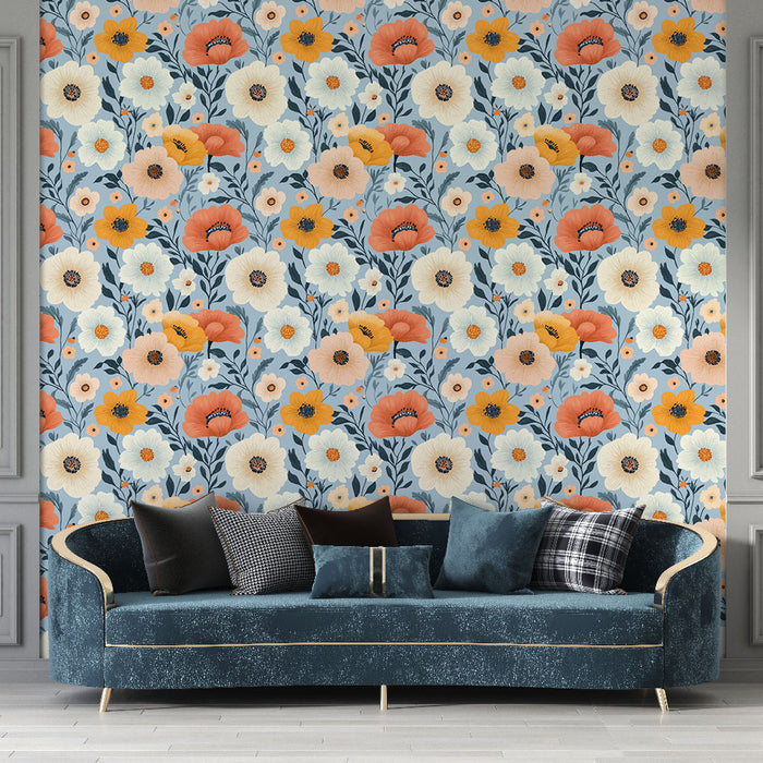 Un salon élégant avec un papier peint floral aux teintes vives de rouge, orange et blanc sur fond bleu, créant une atmosphère joyeuse et accueillante.