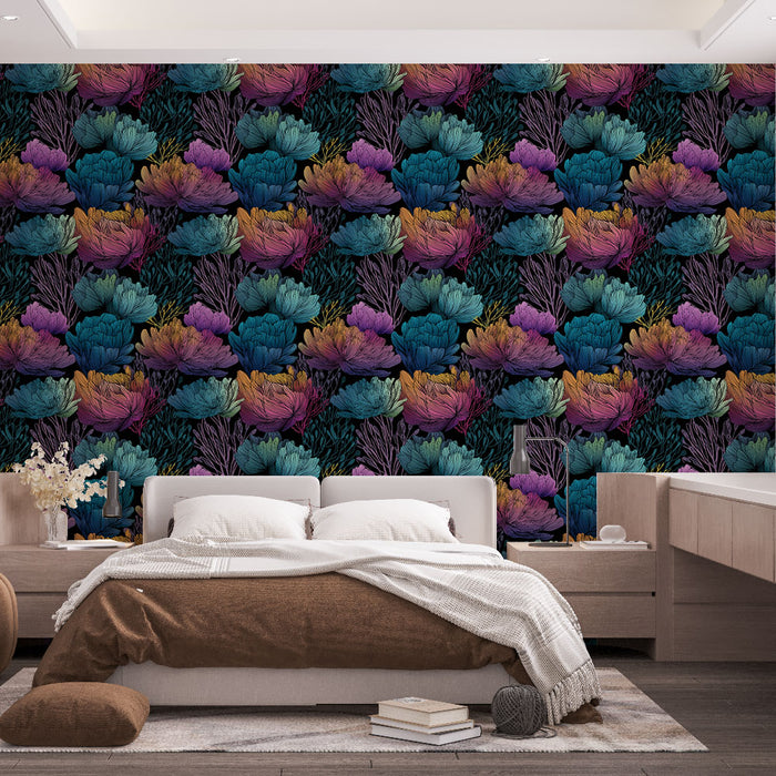 Une chambre moderne avec un papier peint floral aux teintes vibrantes de bleu, violet et doré sur fond noir, créant une ambiance artistique et chaleureuse.