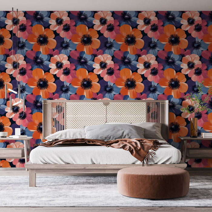 Une chambre moderne avec un papier peint floral aux grandes fleurs colorées, mêlant des teintes vives d'orange, de rose et de bleu sur fond sombre, créant une ambiance joyeuse et dynamique.