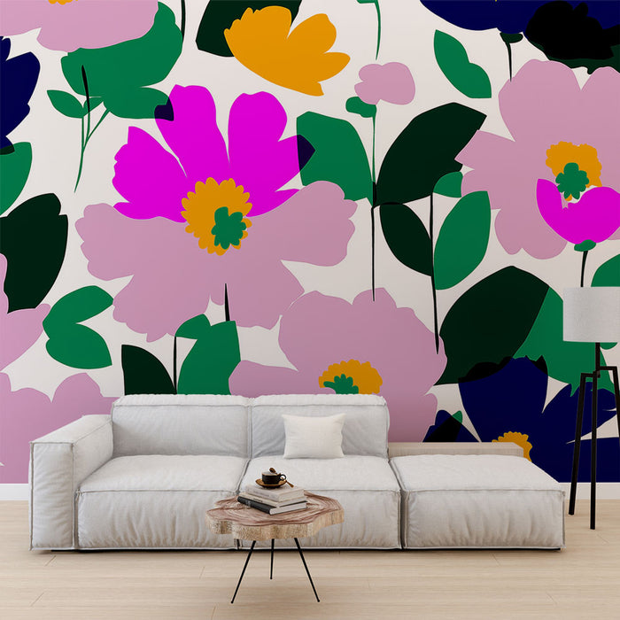 Un salon moderne avec un papier peint floral aux grandes fleurs roses, jaunes et vertes sur fond clair, dégageant une atmosphère joyeuse et dynamique.