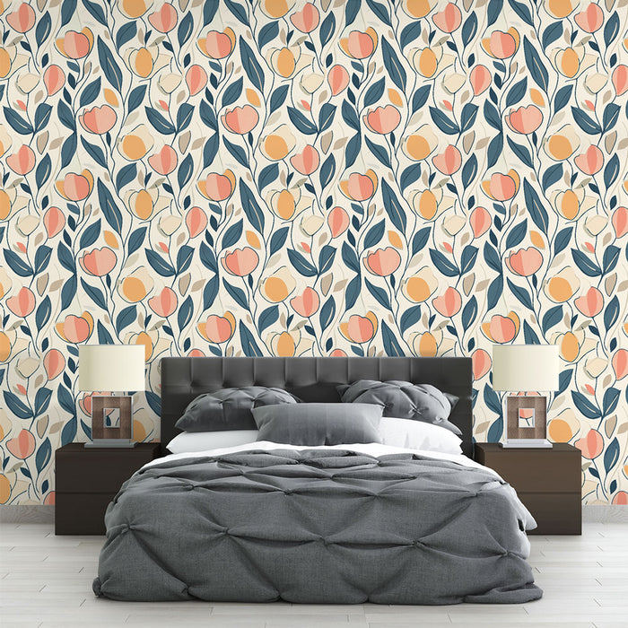Une chambre moderne avec un papier peint floral aux motifs colorés de fleurs et de fruits sur fond clair, créant une ambiance fraîche et accueillante.