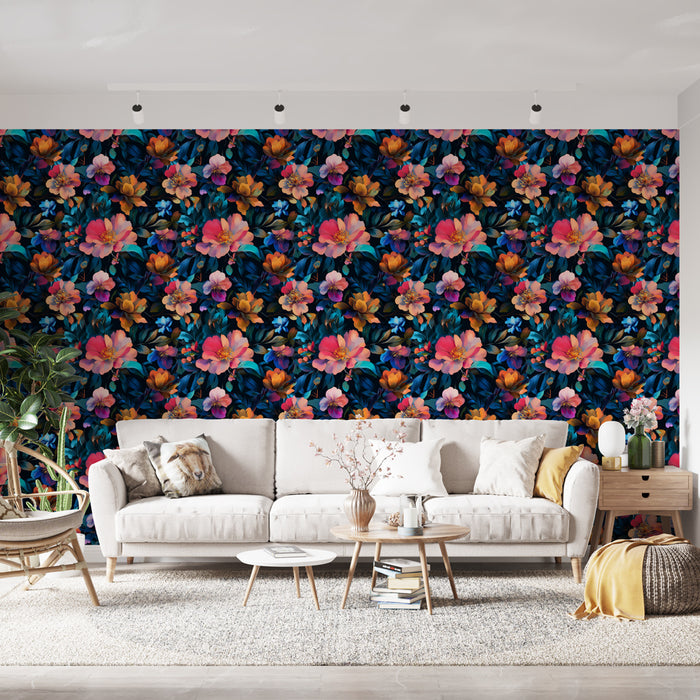 Un salon lumineux avec un papier peint floral aux motifs colorés de fleurs roses et oranges sur fond sombre, créant une ambiance vibrante et chaleureuse.