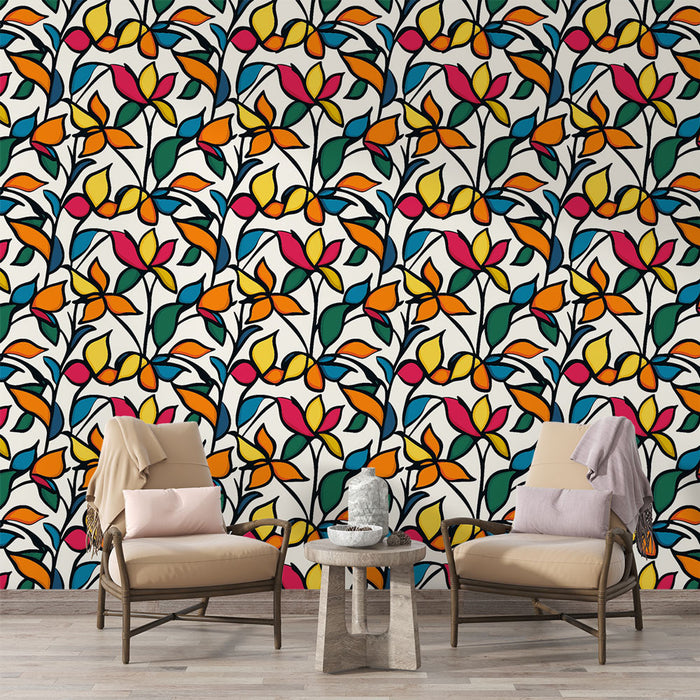 Un salon lumineux avec un papier peint floral coloré aux motifs stylisés de fleurs et de feuilles sur fond clair, créant une ambiance joyeuse et dynamique.