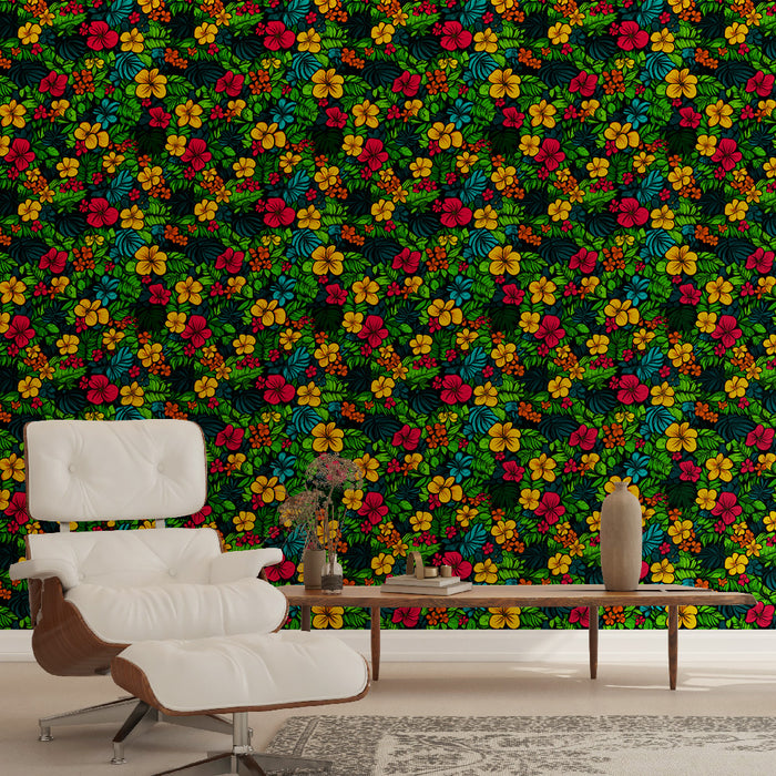 Une pièce moderne avec un papier peint tropical vibrant aux motifs floraux colorés, mêlant des fleurs rouges, jaunes et des feuillages luxuriants sur fond noir.