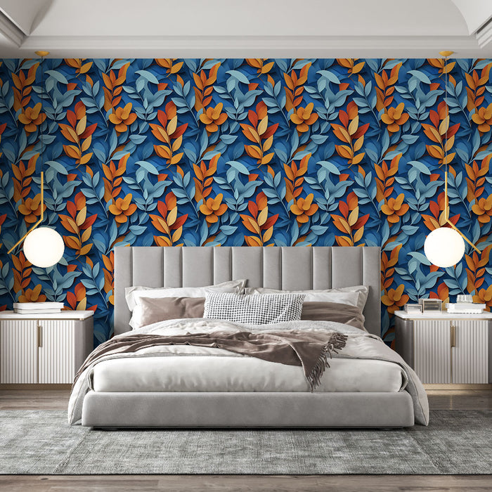 Une chambre moderne avec un papier peint floral aux motifs colorés de feuilles et fleurs sur fond bleu, créant une atmosphère chaleureuse et vivante.