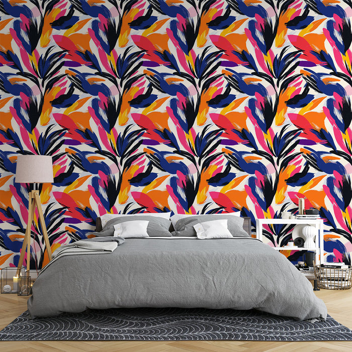 Une chambre moderne avec un papier peint aux motifs de feuilles colorées, mêlant des teintes vives de rose, orange et bleu, créant une ambiance dynamique et joyeuse.