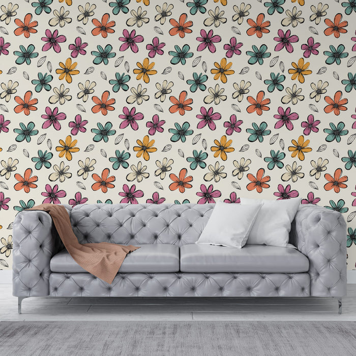Un salon élégant avec un papier peint floral aux motifs colorés de fleurs roses, orange et jaunes sur fond clair, créant une ambiance joyeuse et vivante.