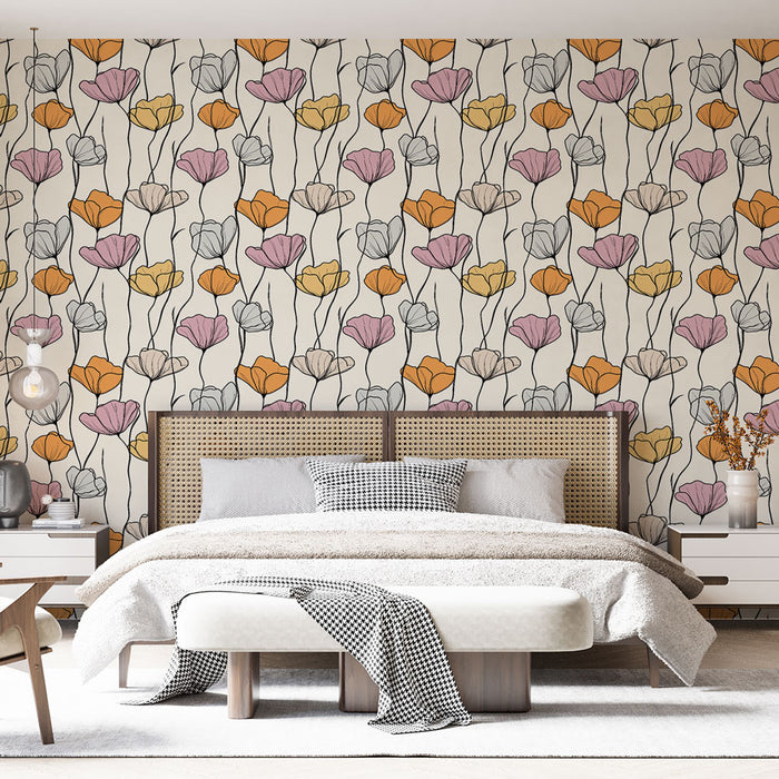Une chambre moderne avec un papier peint floral aux teintes pastel et aux motifs délicats, créant une atmosphère douce et accueillante.