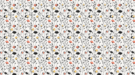 Papier peint floral coloré Motifs de fleurs en noir, orange et jaune sur fond blanc