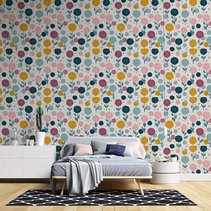 Une chambre moderne avec un papier peint floral coloré aux motifs de fleurs et cercles sur fond clair, créant une atmosphère joyeuse et accueillante.