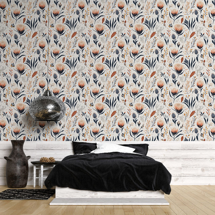 Une chambre moderne avec un papier peint floral aux motifs colorés de fleurs et feuillages sur fond clair, créant une atmosphère chaleureuse et accueillante.