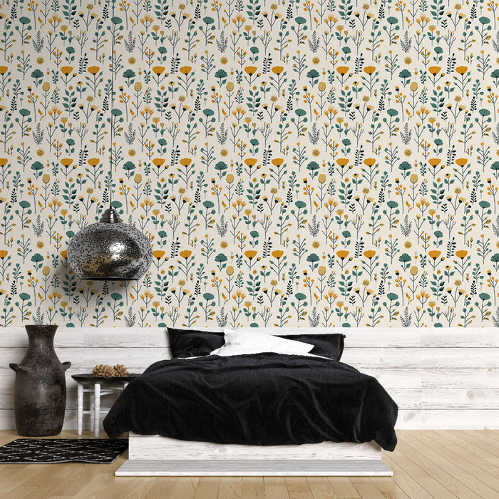 Une chambre moderne avec un papier peint floral aux motifs colorés de fleurs jaunes et vertes sur fond clair, créant une atmosphère fraîche et accueillante.