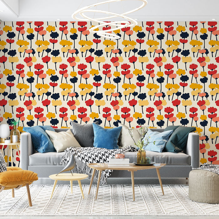 Un salon moderne avec un papier peint floral aux motifs colorés de fleurs rouges, jaunes et noires sur fond beige, créant une ambiance joyeuse et dynamique.