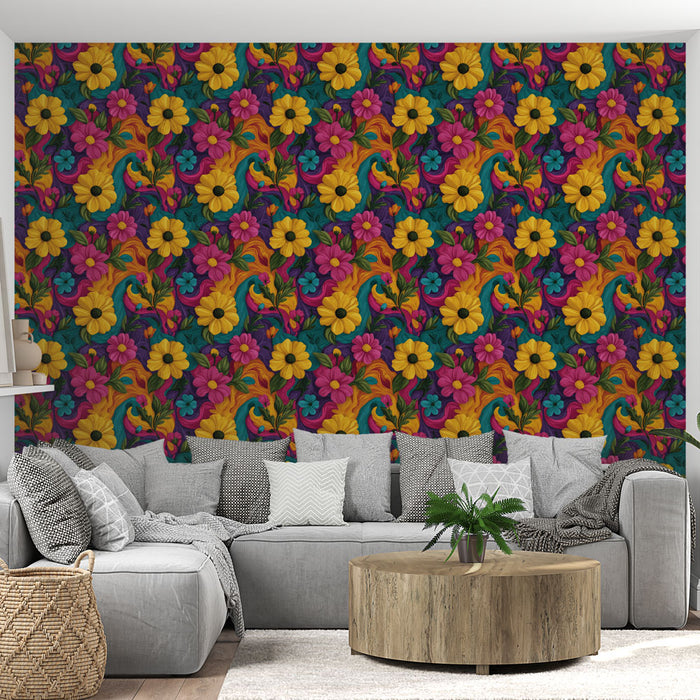 Un salon moderne avec un papier peint floral aux motifs vibrants de fleurs jaunes, roses et bleues sur fond sombre, créant une atmosphère joyeuse et dynamique.