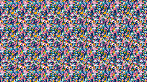 Papier peint floral coloré Motifs éclatants de fleurs et feuillages sur fond bleu