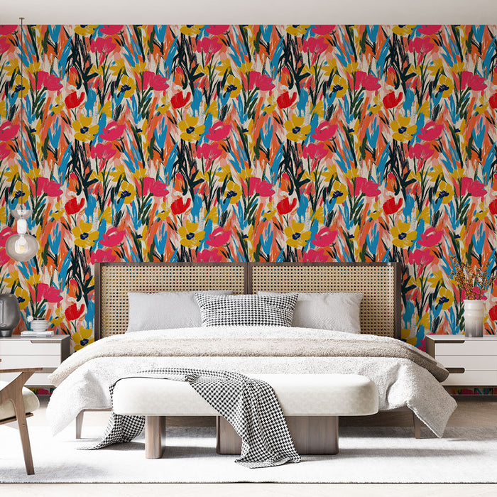 Une chambre lumineuse avec un papier peint floral aux motifs colorés de fleurs rouges, jaunes et bleues sur fond beige, créant une ambiance joyeuse et dynamique.